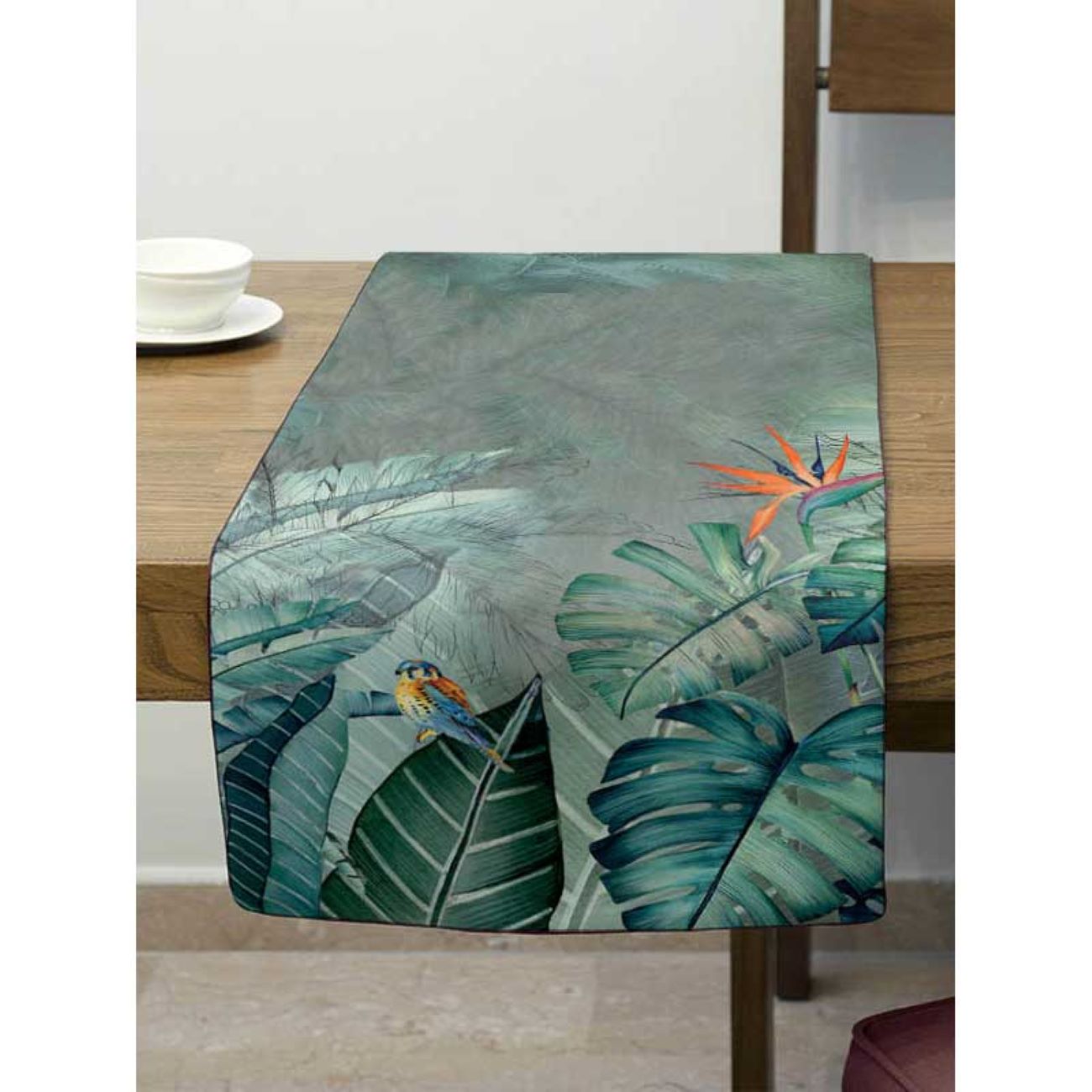Printed Table Runner with Velvet Bird & Leaves