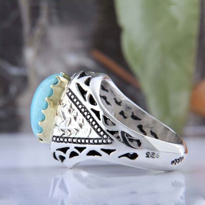 Persian Neyshabur Turquoise Silver Ring for Men Model Mirror Inlay