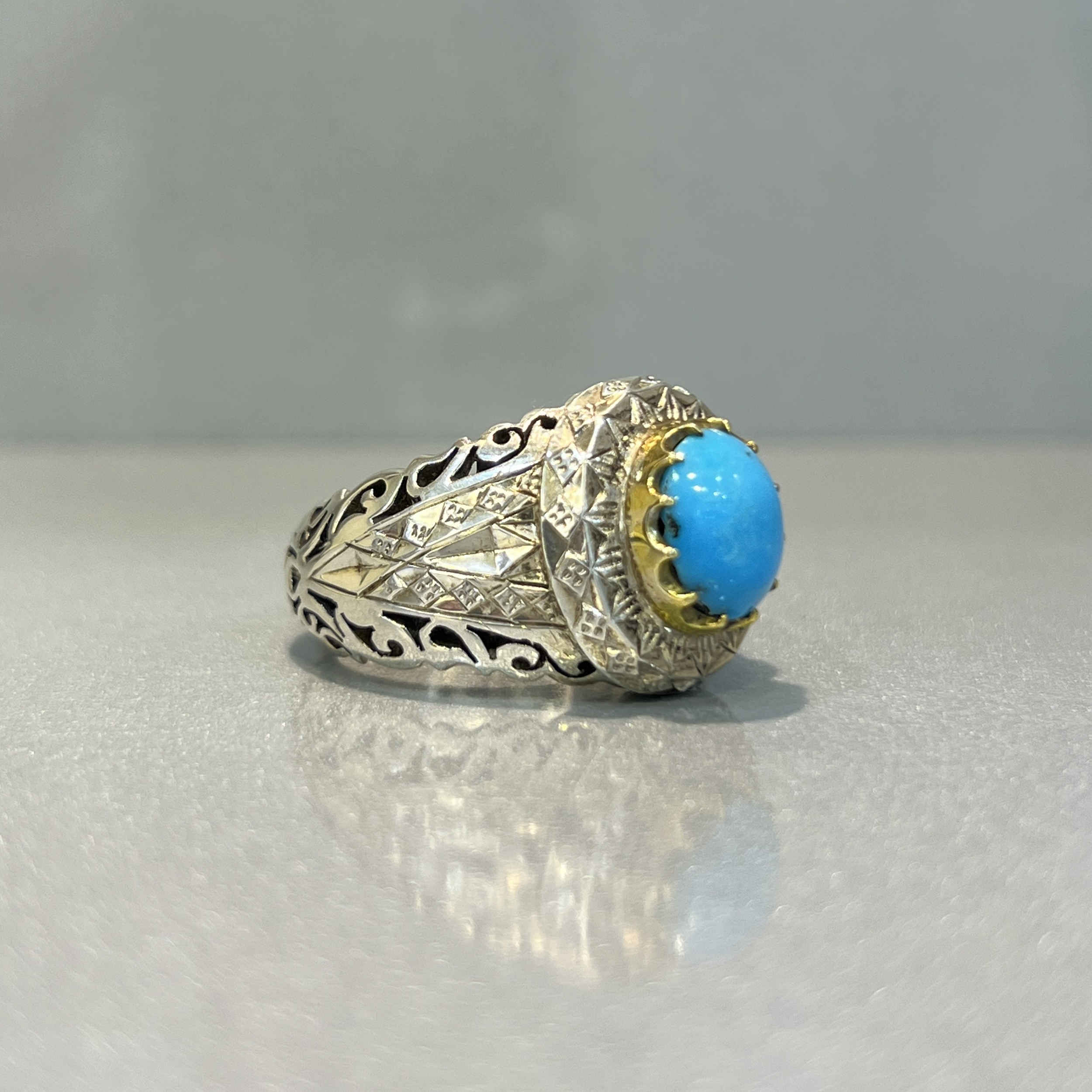 Persian Neyshabur Turquoise Silver Ring for Men Model Mirror Work