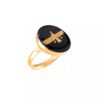 Steel Signet Ring with Black Onyx Gemstone Resin Covered and Gold Plated Faravahar Symbol