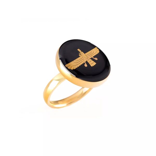 Steel Signet Ring with Black Onyx Gemstone Resin Covered and Gold Plated Faravahar Symbol