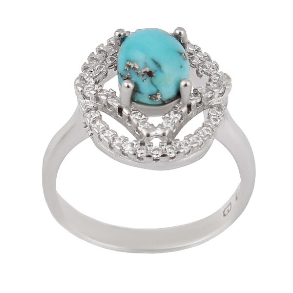 Persian Neyshabur Turquoise Silver Ring Handcrafted Rhodium Plated