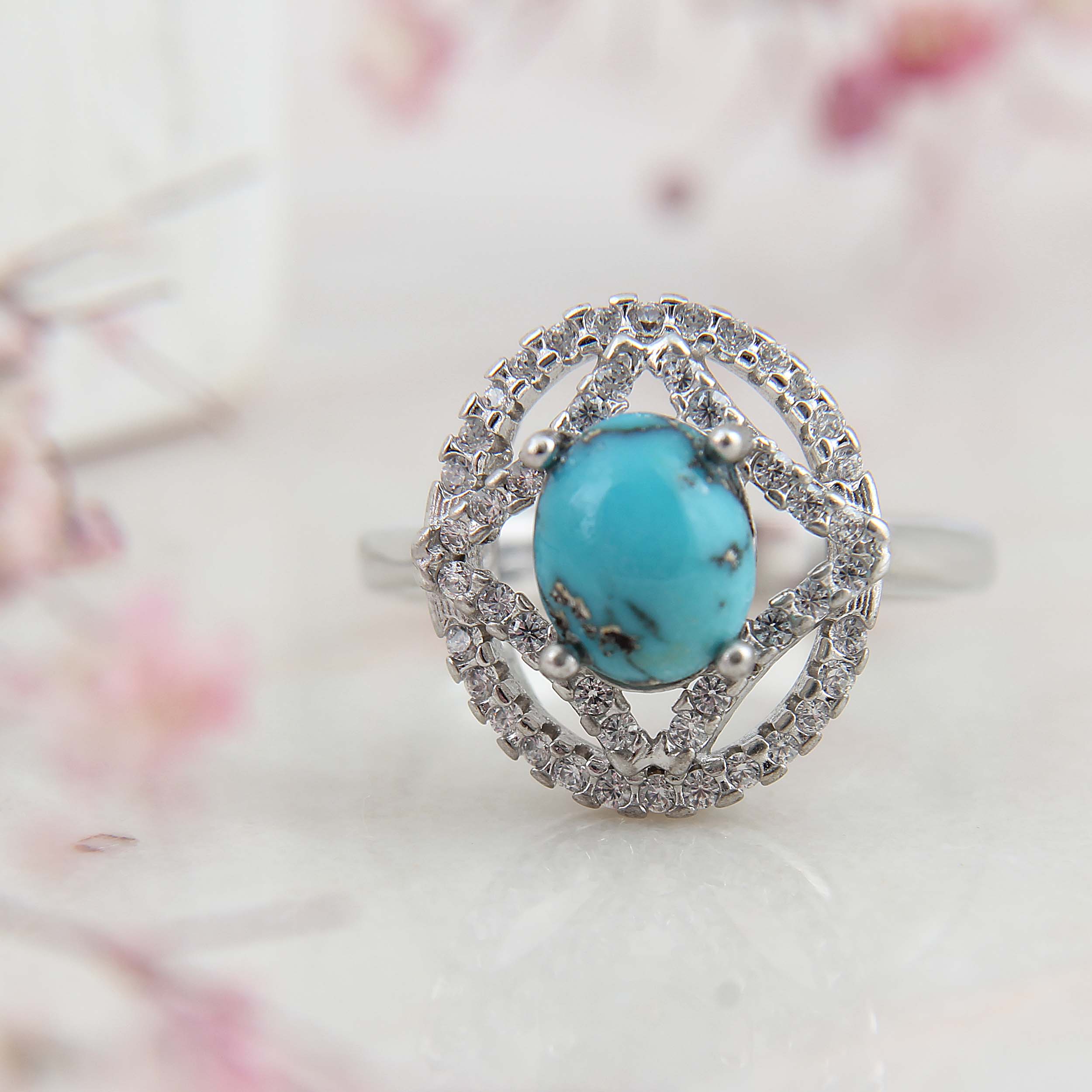 Persian Neyshabur Turquoise Silver Ring Handcrafted Rhodium Plated