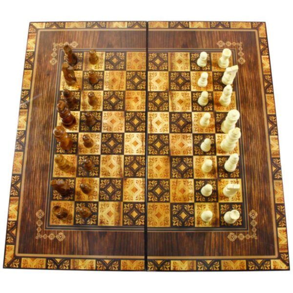 Persian Inlaid Wooden Marquetry Chess Board with 32 Pieces & Artistic Design