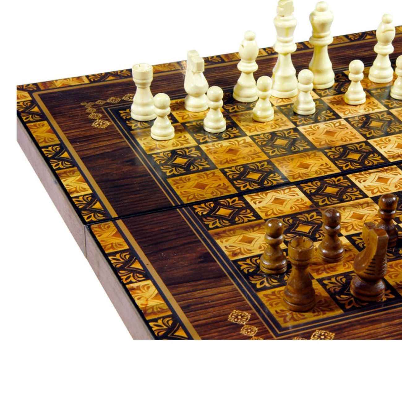 Persian Inlaid Wooden Marquetry Chess Board with 32 Pieces & Artistic Design