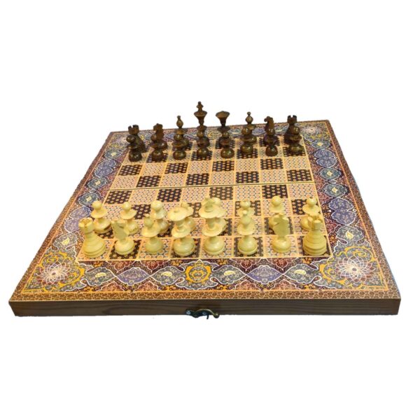 Persian Inlaid Wooden Marquetry Chess Board with 32 Pieces & Traditional Design