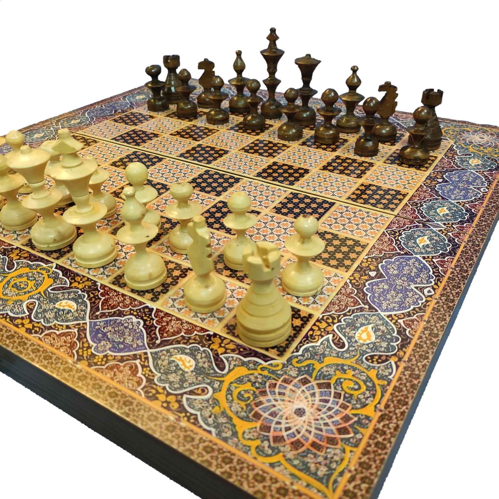 Persian Inlaid Wooden Marquetry Chess Board with 32 Pieces & Traditional Design