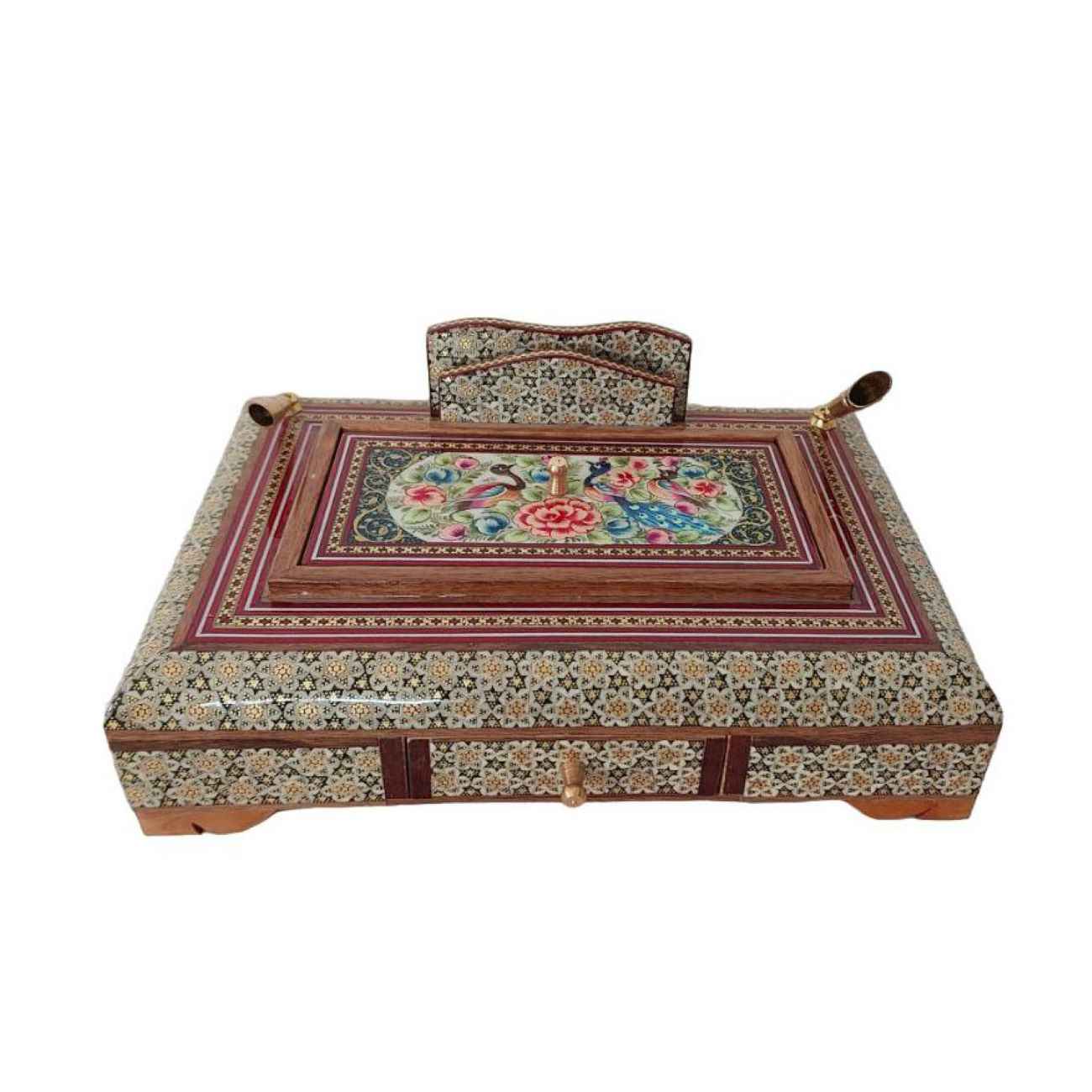 Handcrafted Persian Wooden Pen Holder for Desk - Elegance Khatamkari Art, Floral Design