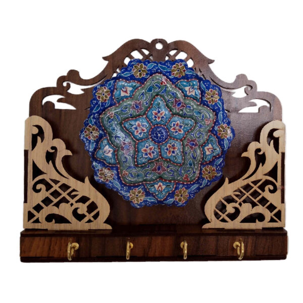 Handcrafted Persian Wooden Wall Key Holder with 4 Hook