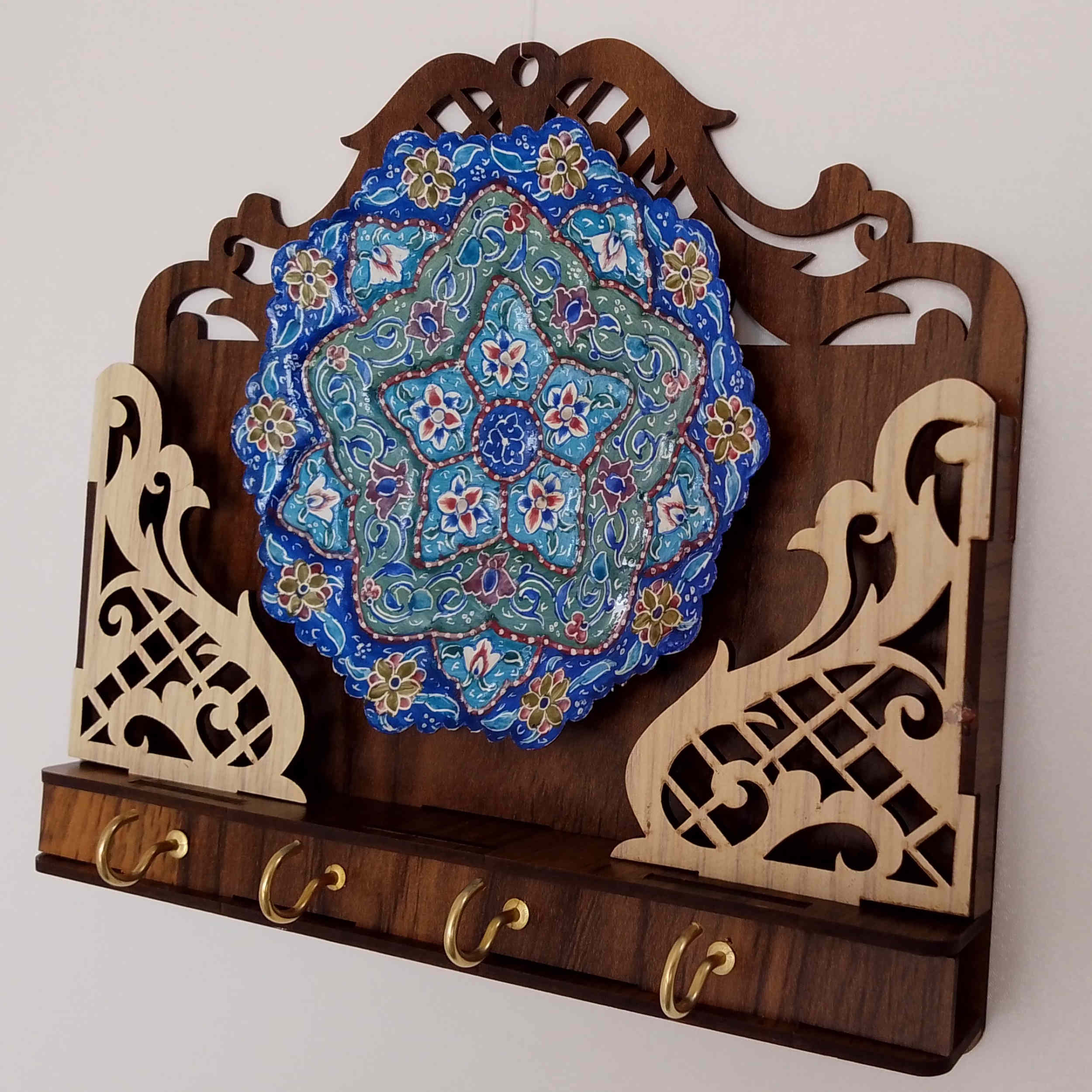 Handcrafted Persian Wooden Wall Key Holder with 4 Hook
