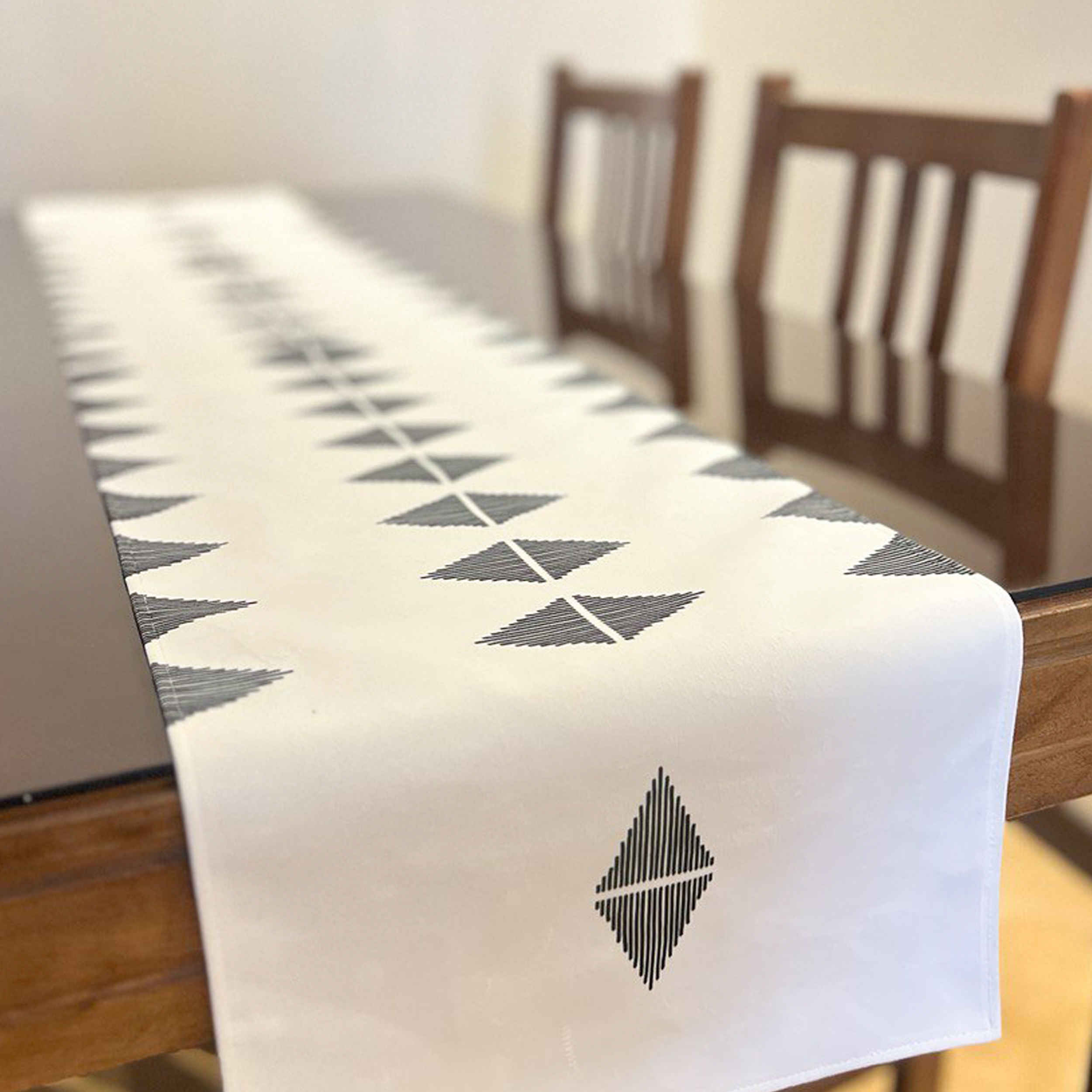 Printed Table Runner with Velvet Geometric Diamond Design
