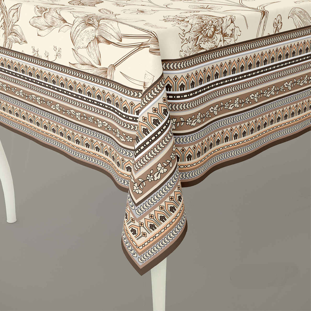 Printed Tablecloth Floral Bordered Brown 6 Seater