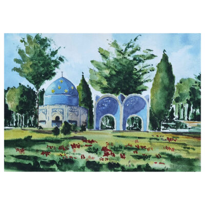 Original Realism Painting – Watercolor on Cardboard, Tomb of Attar Neyshaburi
