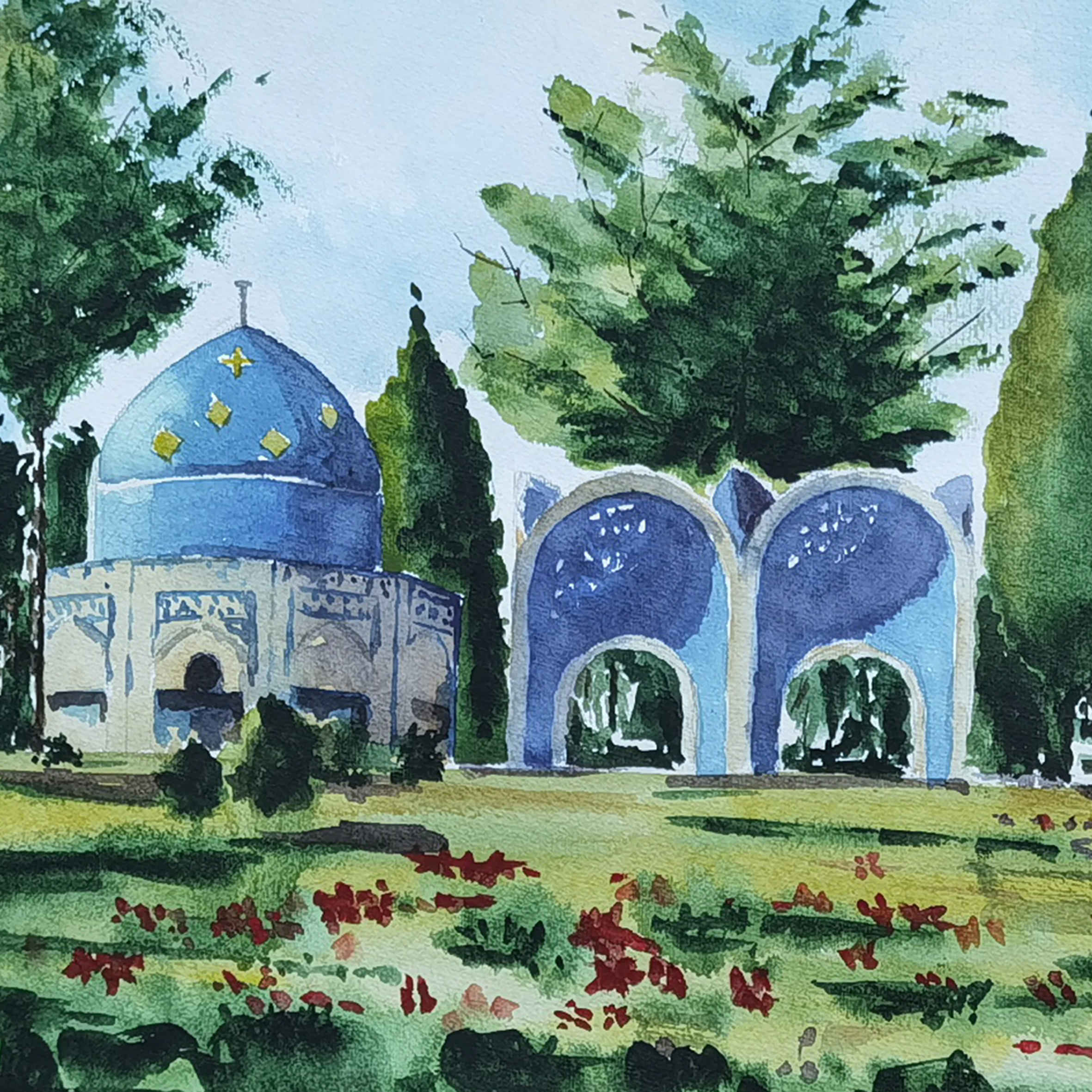 Original Realism Painting – Watercolor on Cardboard, Tomb of Attar Neyshaburi