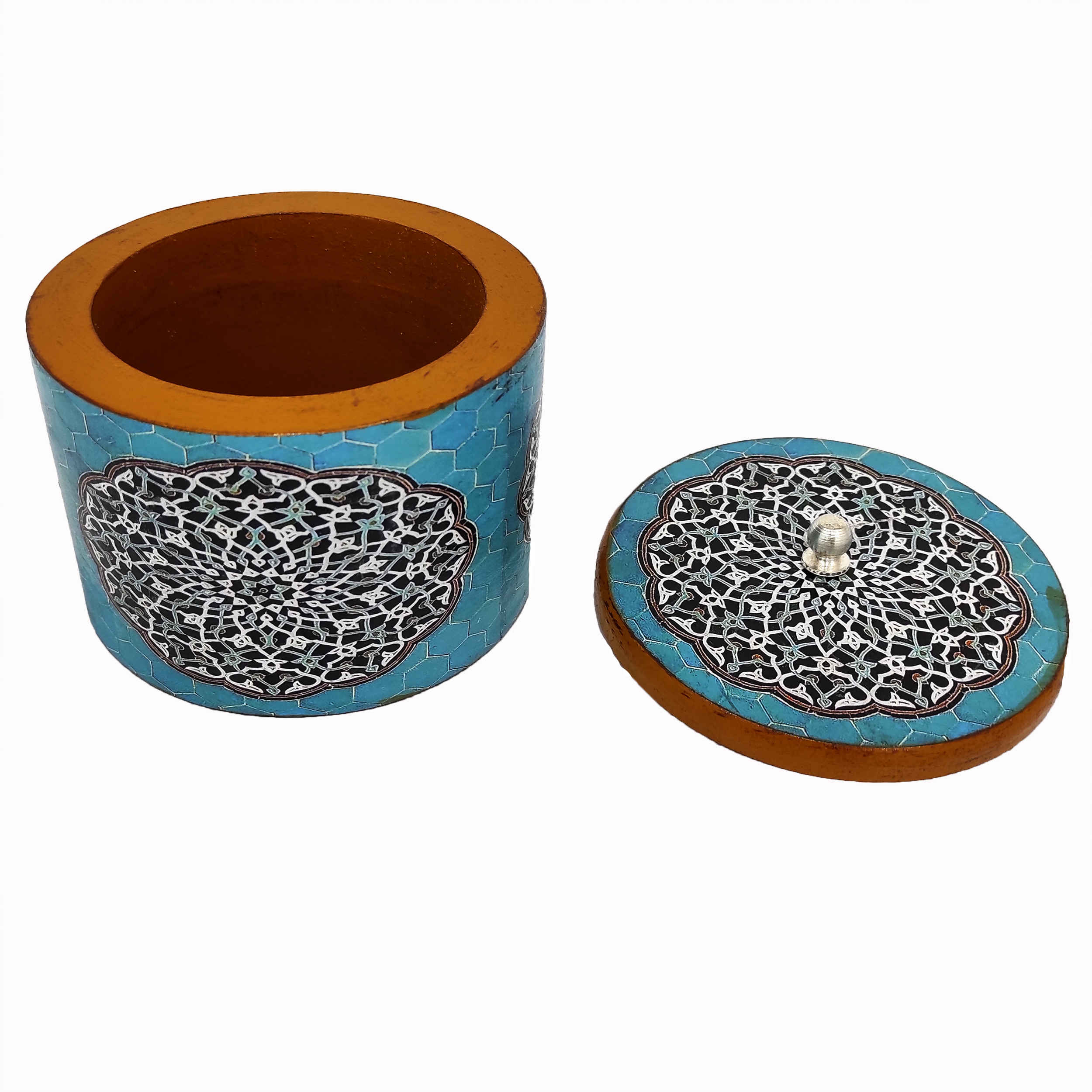 Handcrafted Wooden Sugar Bowl with Lid and Artistic Persian Mandala Blue Design