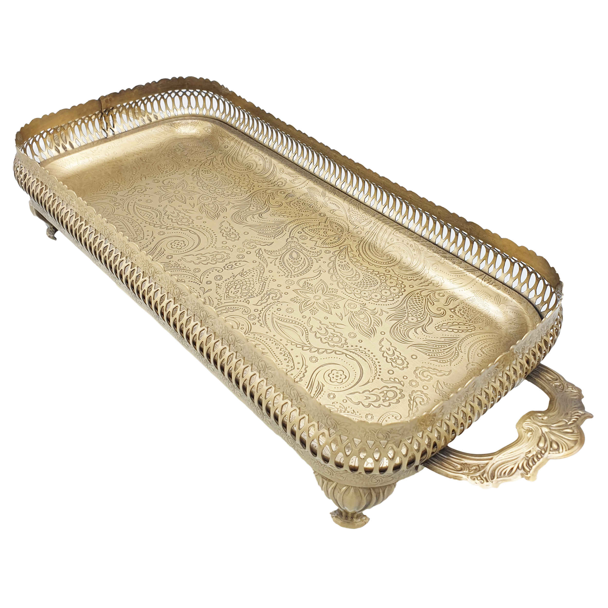 Serving Metal Tray Footed with Handles Paisley Design