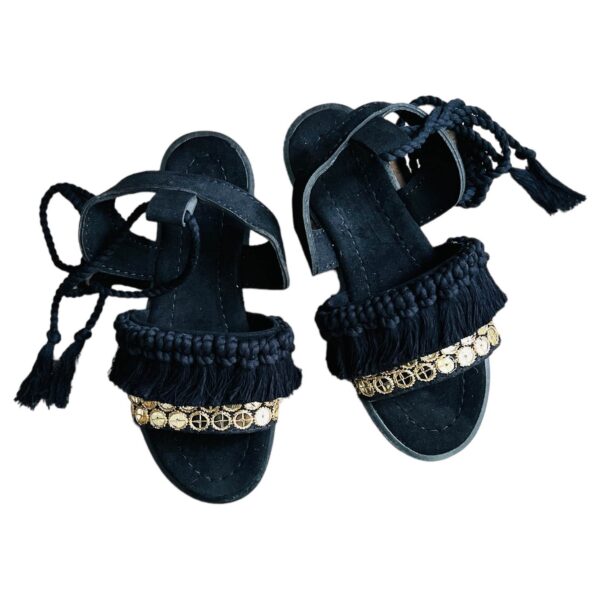 Sling Back Flat Black Sandals with Boho Design Handcrafted