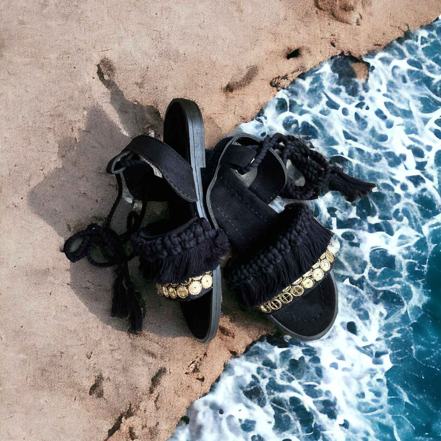 Sling Back Flat Black Sandals with Boho Design Handcrafted