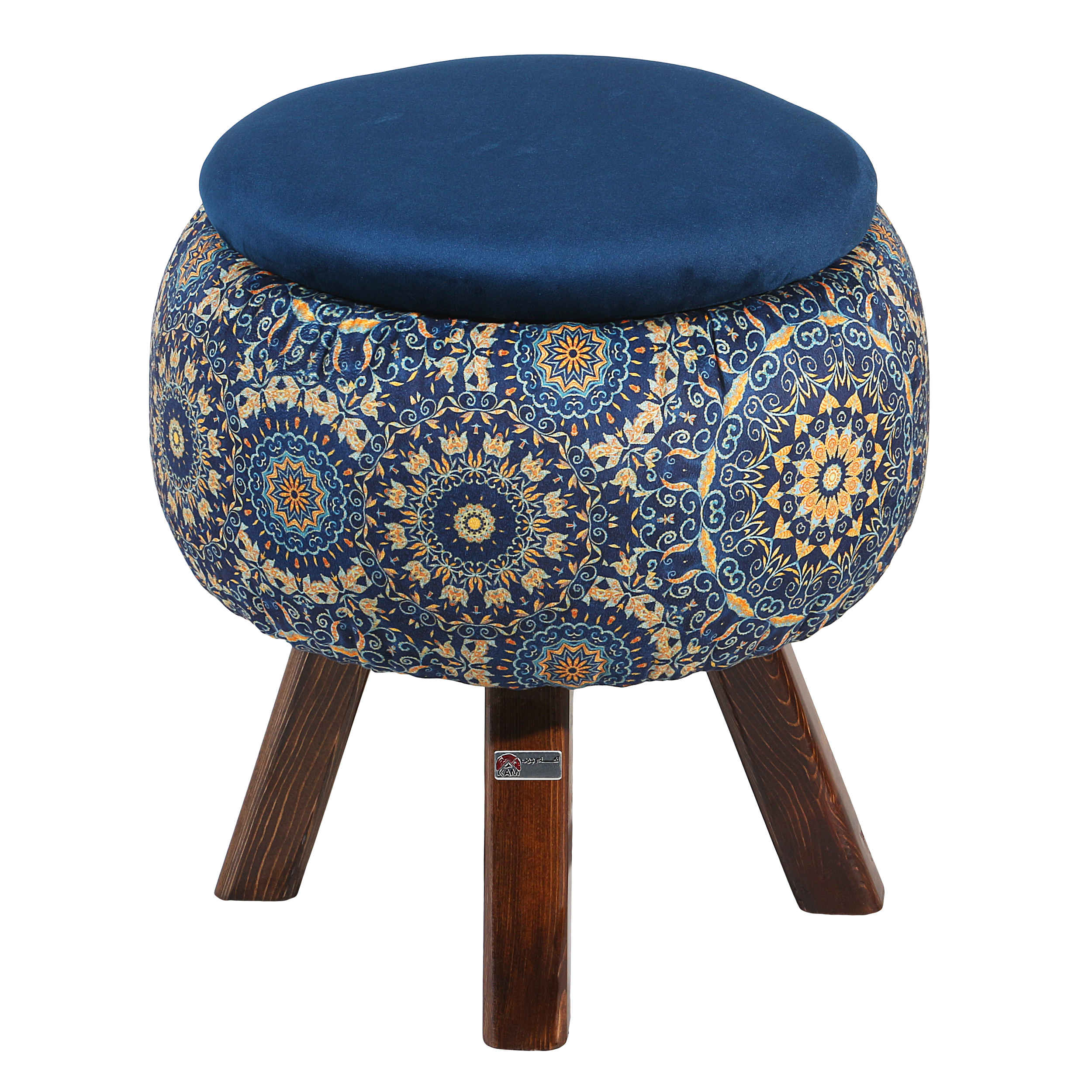 Round Velvet Footstool with Wooden Legs Inspired by Persian Art Blue Ghaem