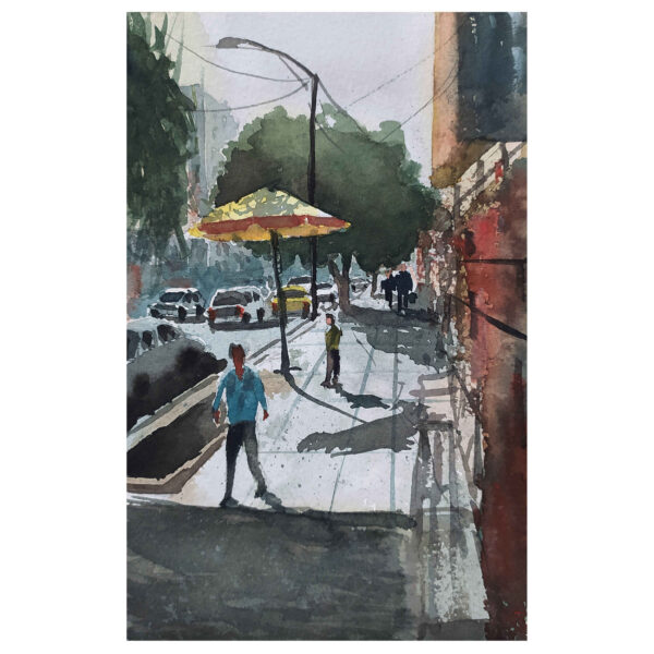 Original Realism Painting - Watercolor on Cardboard, Tehran Street by Bijan Ghahramani