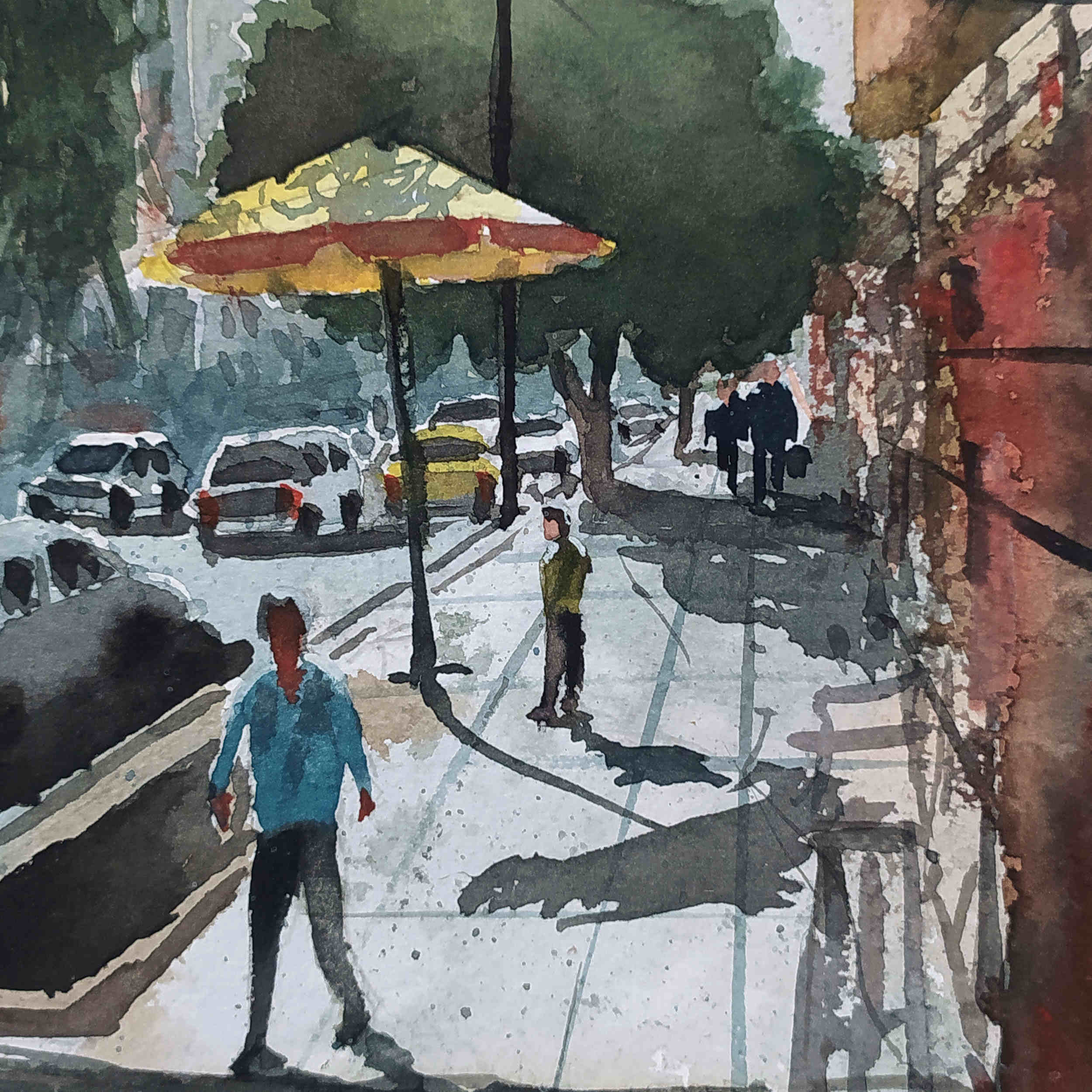 Original Realism Painting – Watercolor on Cardboard, Tehran Street by Bijan Ghahramani