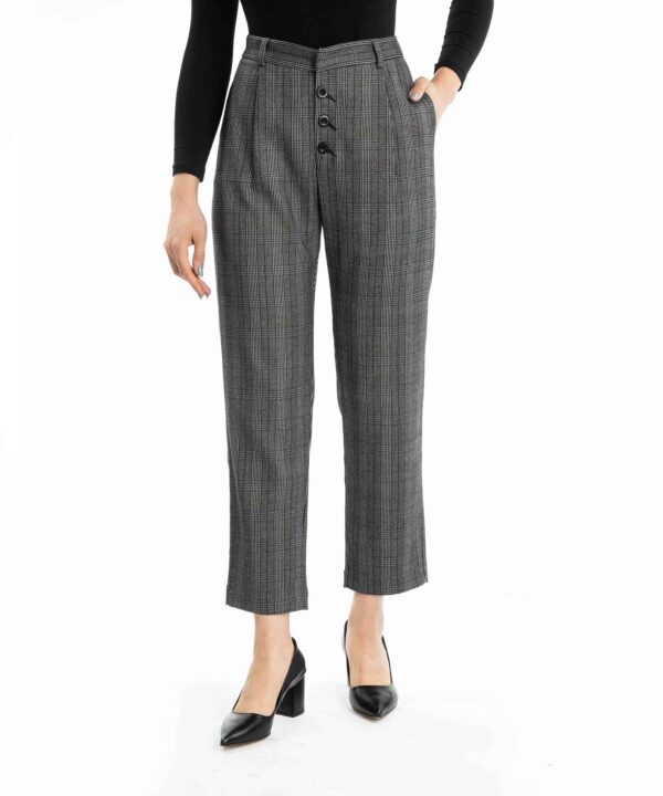 Women's Straight Fit Plaid Pleated Trouser Pants with Pocket