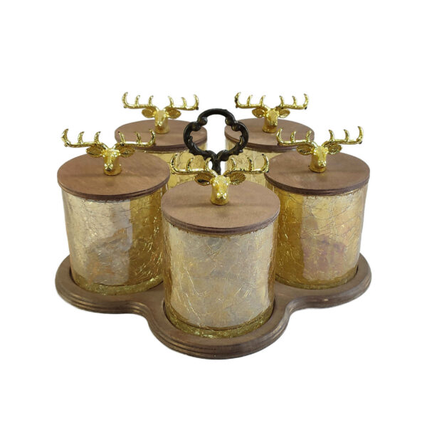 Wooden Canister Jar with Glass Deer Design - 5 Pieces