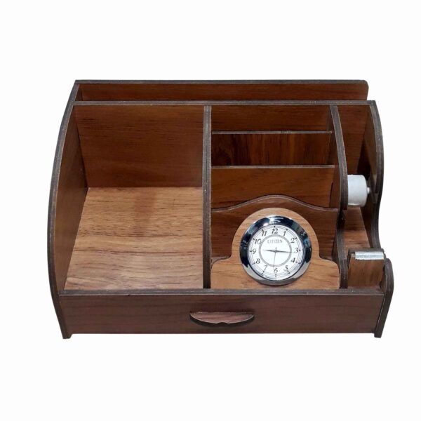 Wooden Office Desk Organizer with Built-in Clock
