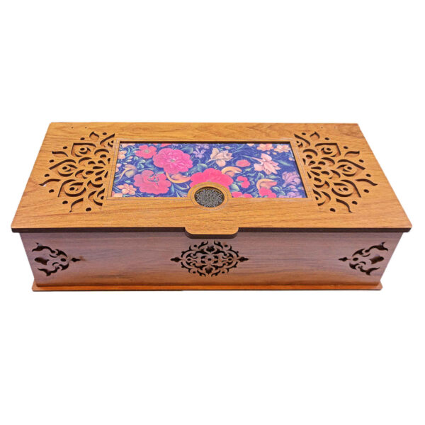 Floral Patterned Tea Organizer – Wooden Finish