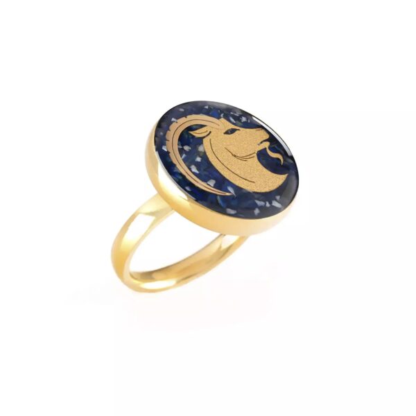 Steel Signet Ring with Azure Gemstone Resin Covered and Gold Plated Goat Symbol