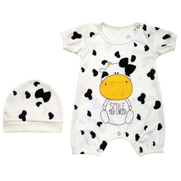 Baby Short Sleeve Jumpsuit and Hat Set with Cow Design