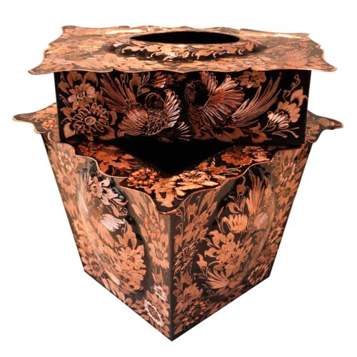 Persian Copper Waste Basket & Tissue Box Set – Hand Engraved Gol o Morgh