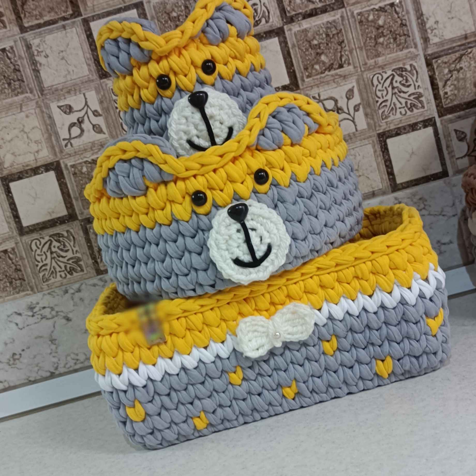 Crochet Storage Basket Yarn with Bear Design for Kids