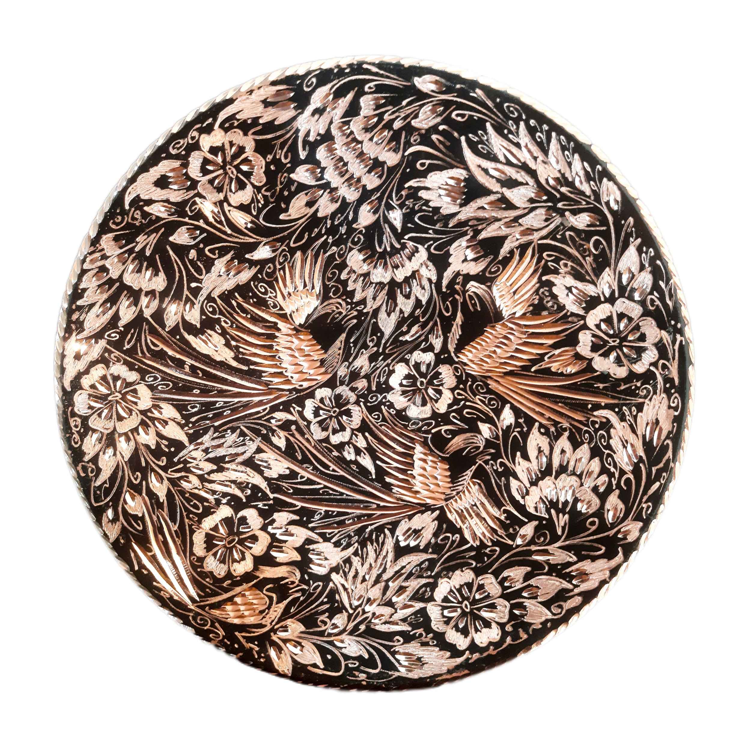 Decorative Copper Wall Plate with Persian Inspired Gol o Morgh Design