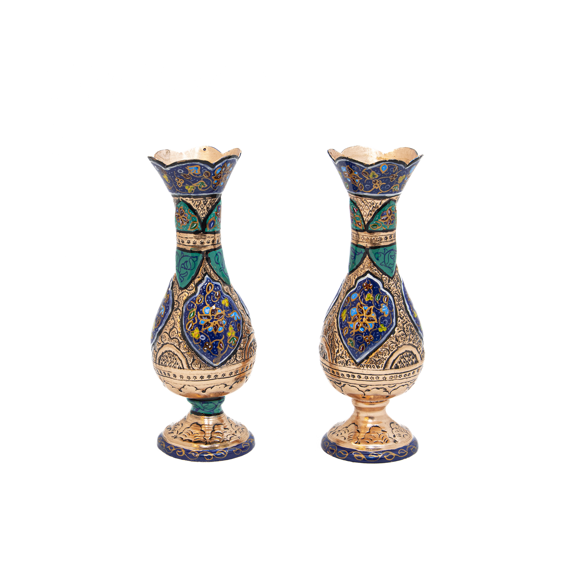 Decorative Persian Engraved Copper Vase Coated with Silver – Set of 2