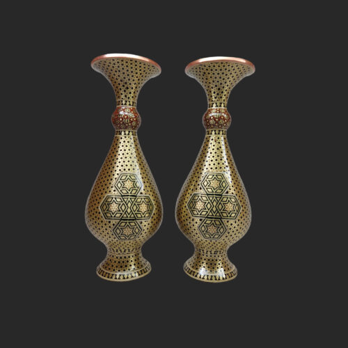 Persian Decorative Copper Vase Handcrafted with Khatamkari Marquetry Art – Set of 2