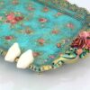 Decorative Polyester Footed Tray with Bird & Flower Design Turquoise
