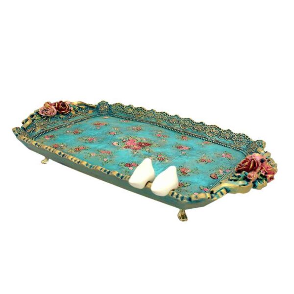 Decorative Polyester Footed Tray with Bird & Flower Design Turquoise