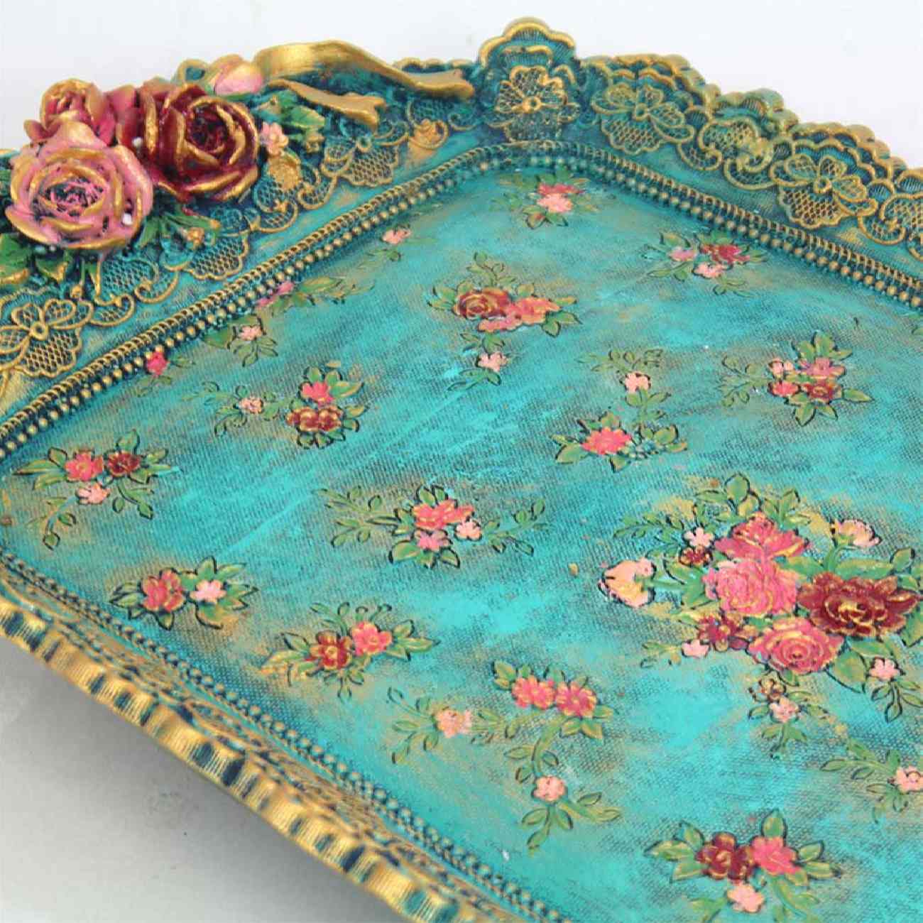 Decorative Polyester Footed Tray with Bird & Flower Design Turquoise