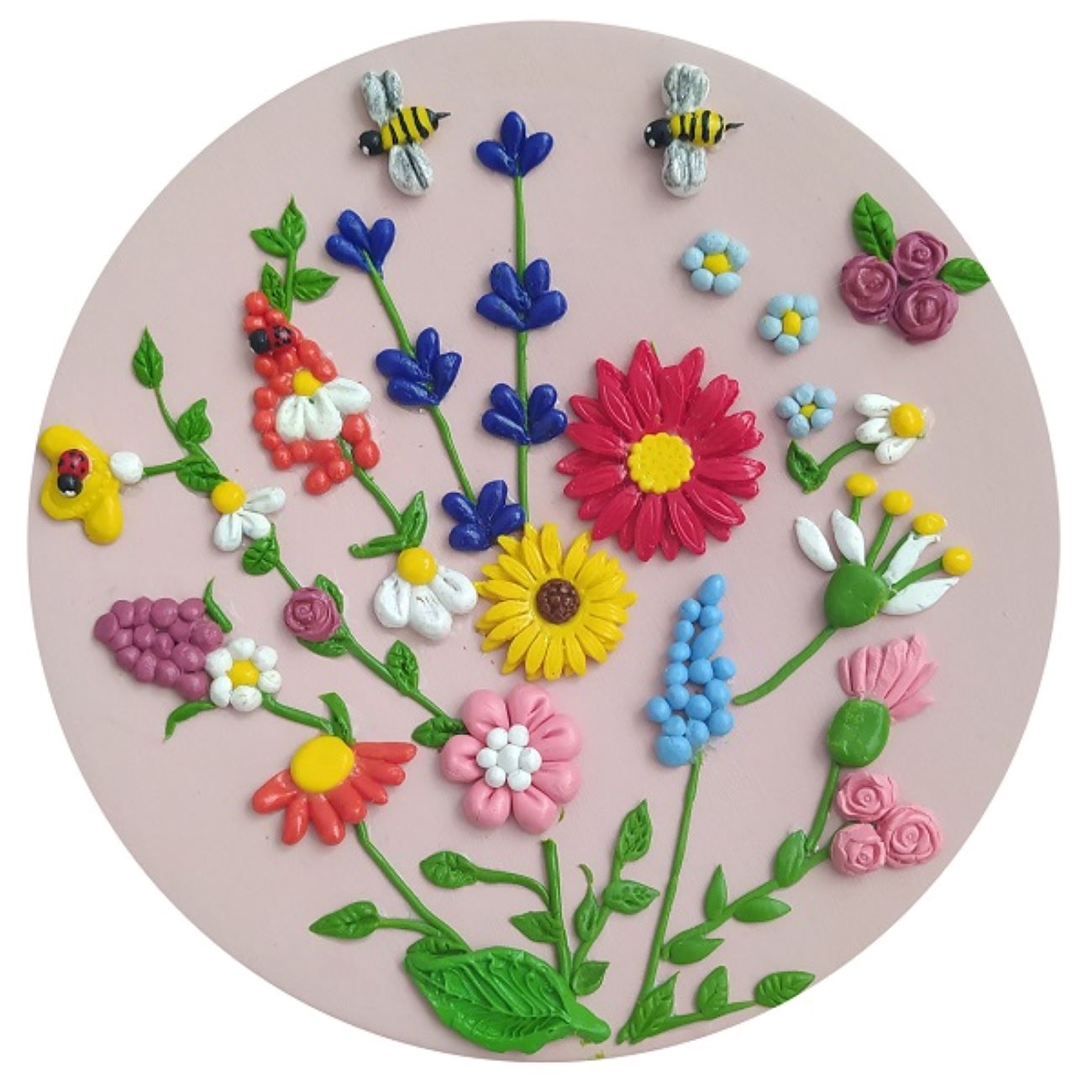 Decorative Pottery Plate Adorned with Artistic Polymer Clay Flowers