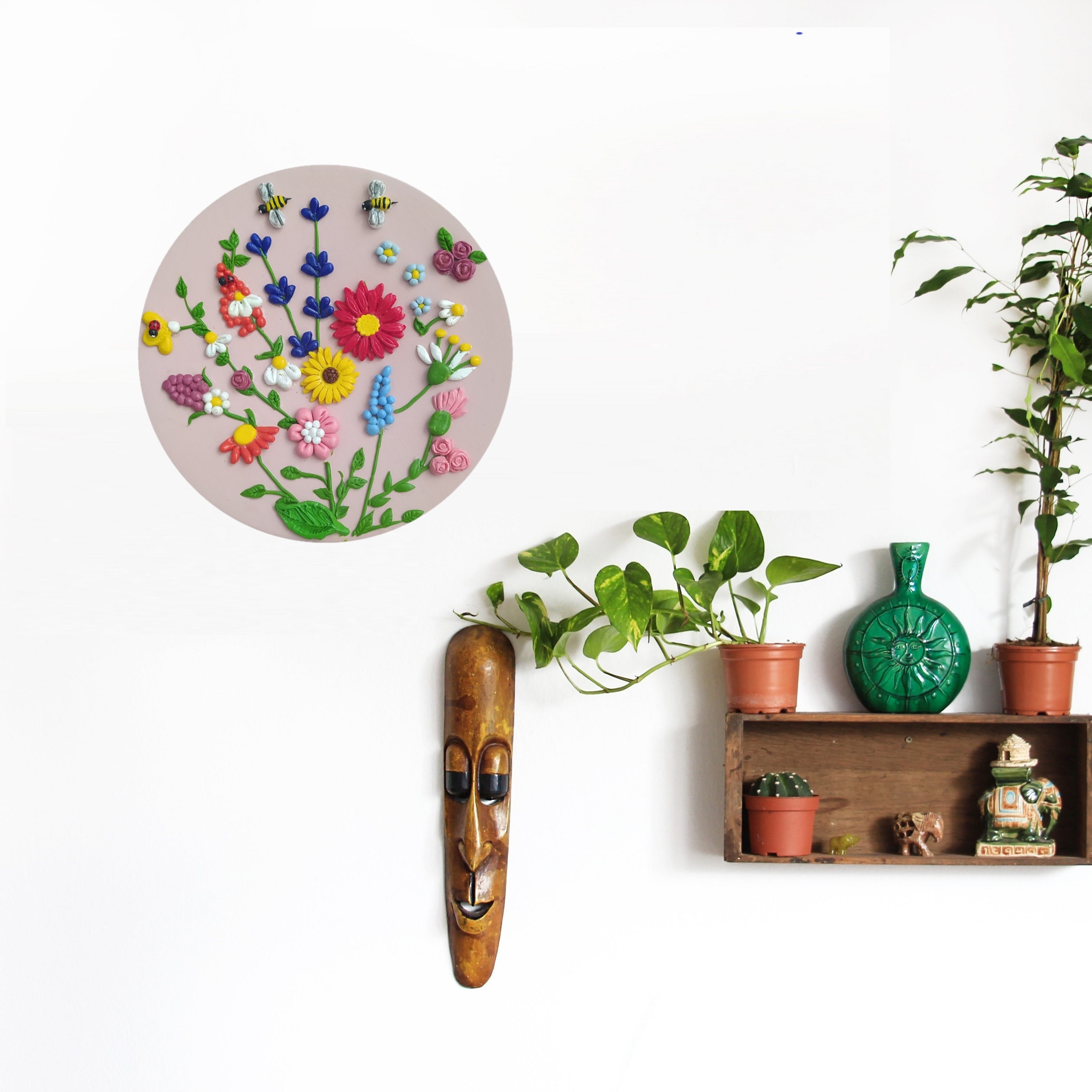 Decorative Pottery Wall Plate Adorned with Artistic Polymer Clay Flowers