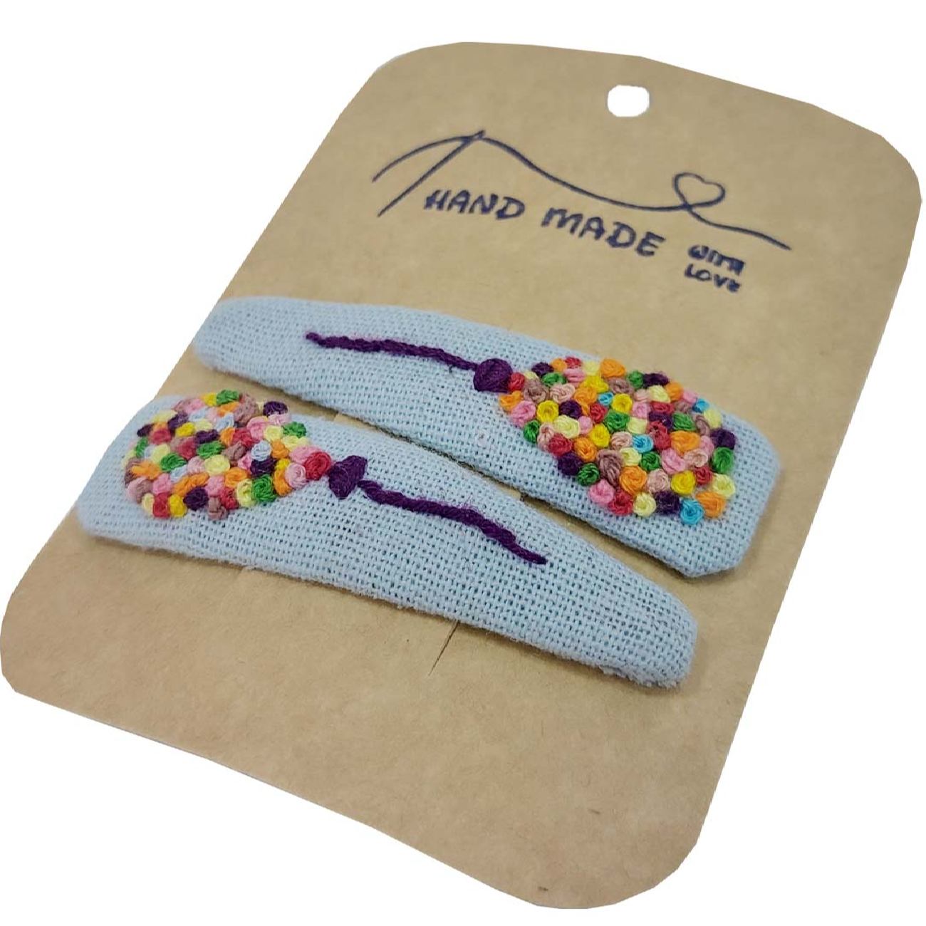 Hand-Embroidered Snap Hair Clip Set with Balloon Design