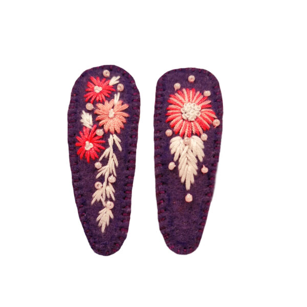 Hand-Embroidered Snap Hair Clip Set with Flower Design
