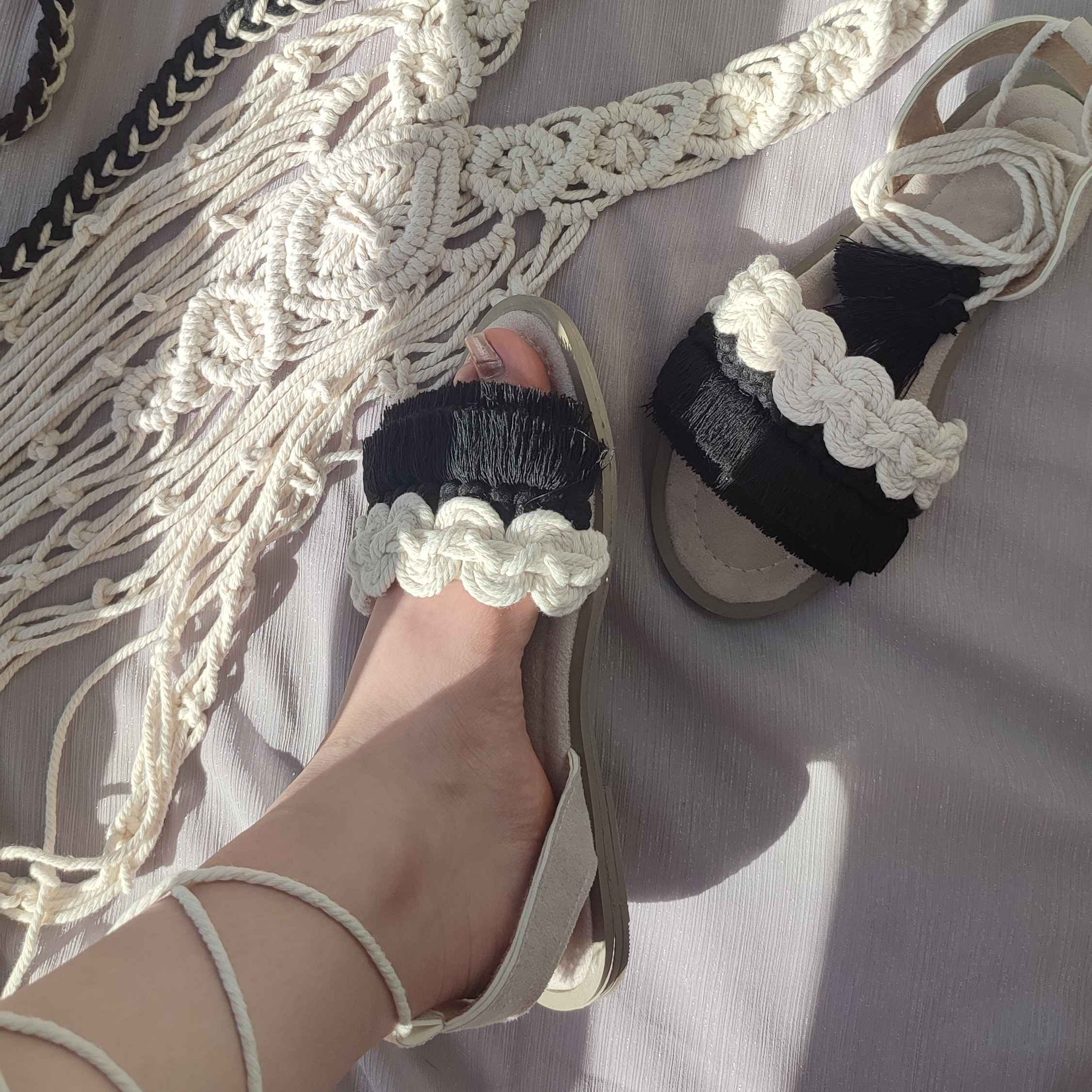 Macrame Sling Back Flat Sandals with Boho Design Handmade