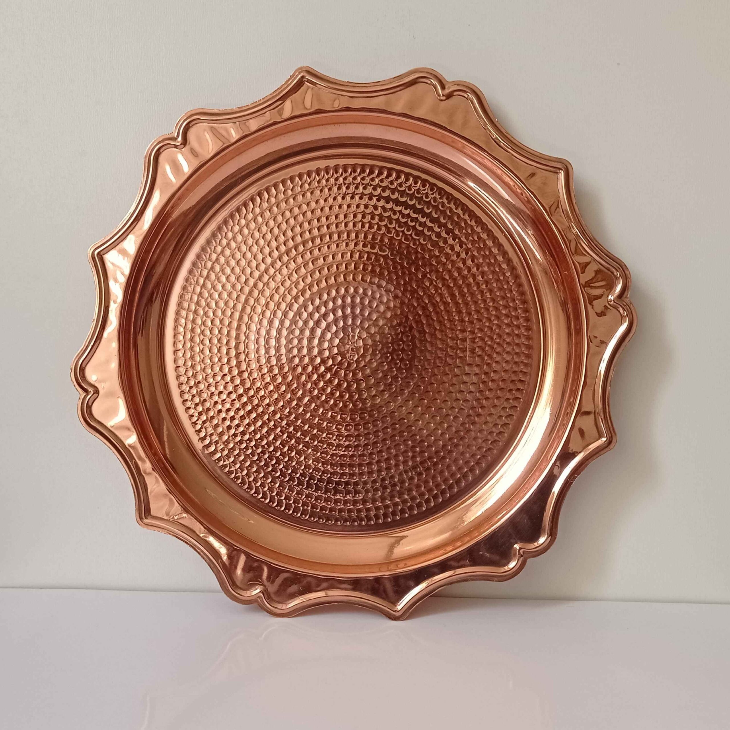 Persian Copper Serving Tray Hammered Handcrafted Round in Sun Design