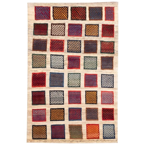 Persian Gabbeh Rug with Wool Genuine Handwoven in Fars Checkered Cream