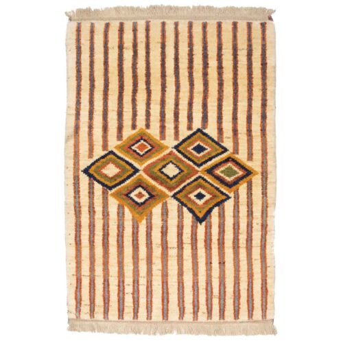 Persian Gabbeh Rug with Wool Handwoven in Fars Striped Geometric Cream