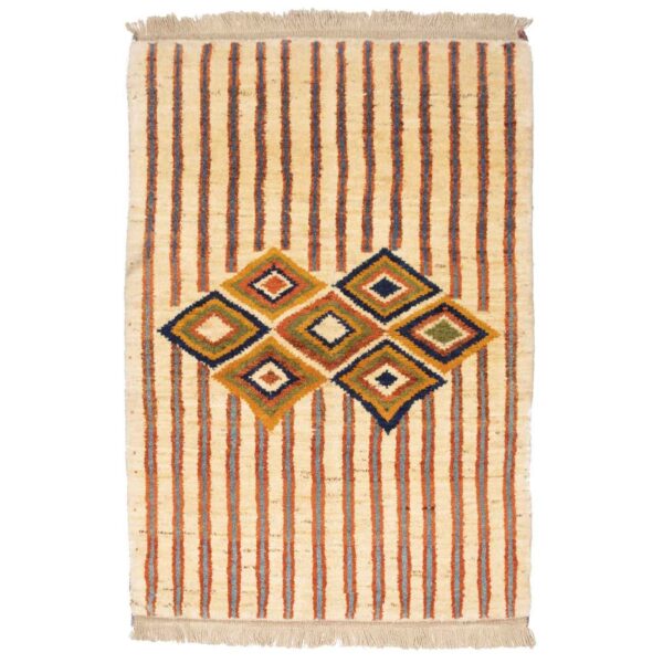 Persian Gabbeh Rug with Wool Handwoven in Fars Striped Geometric Cream