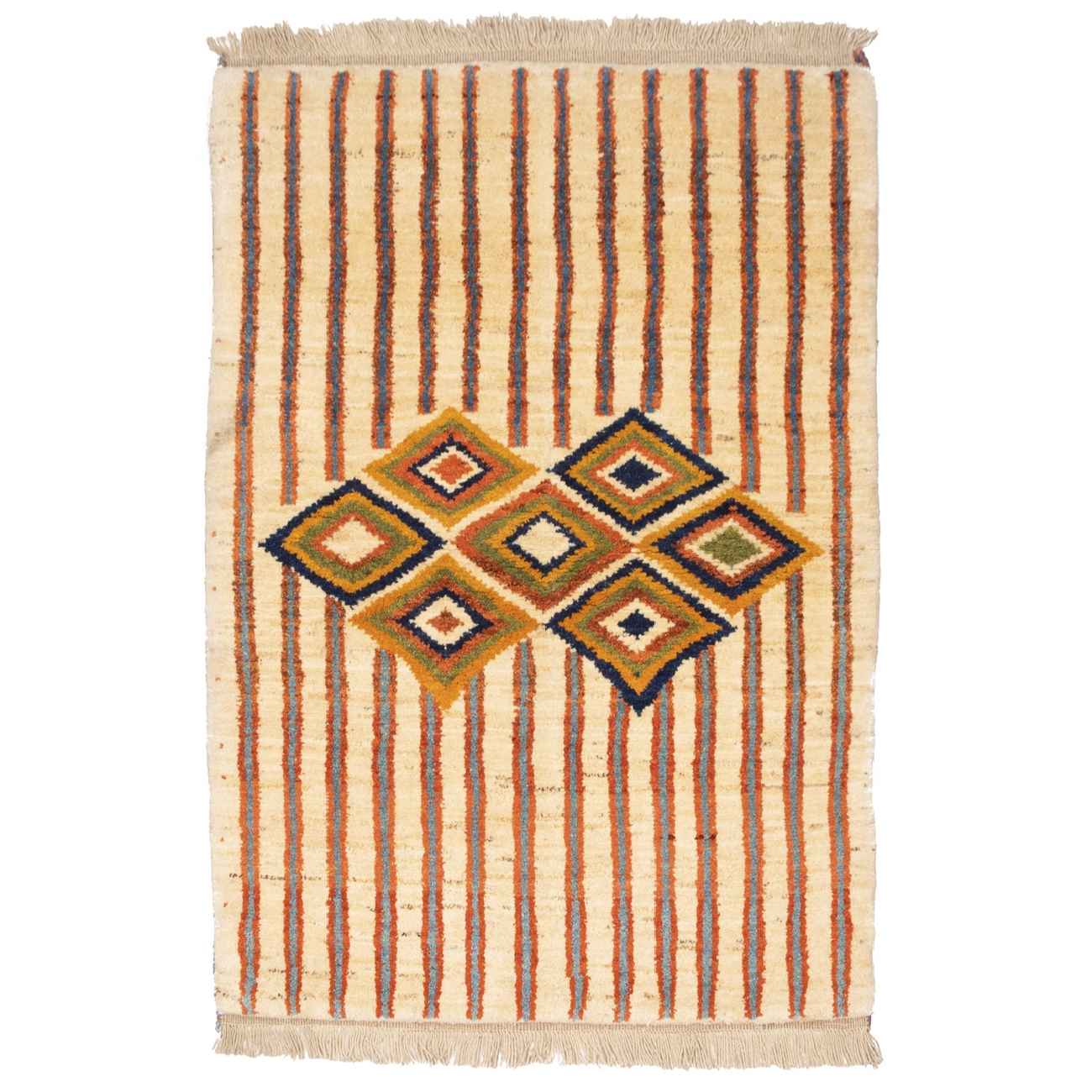 Persian Gabbeh Rug with Wool Handwoven in Fars Striped Geometric Cream