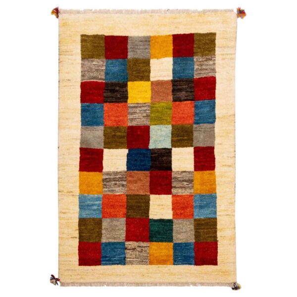 Persian Gabbeh Wool Rug Authentic Handwoven in Fars Checkered Cream